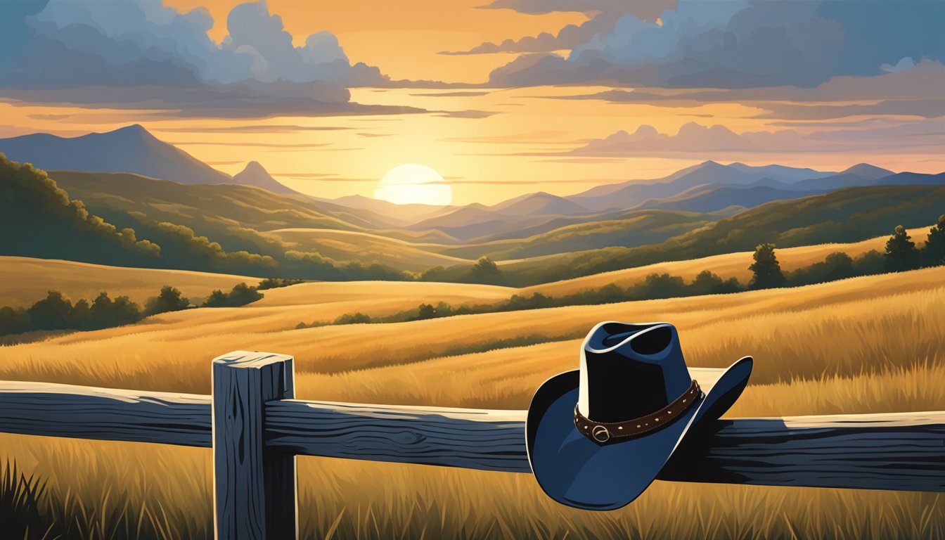 A lone cowboy hat resting on a weathered wooden fence post, framed by a backdrop of rolling hills and a setting sun