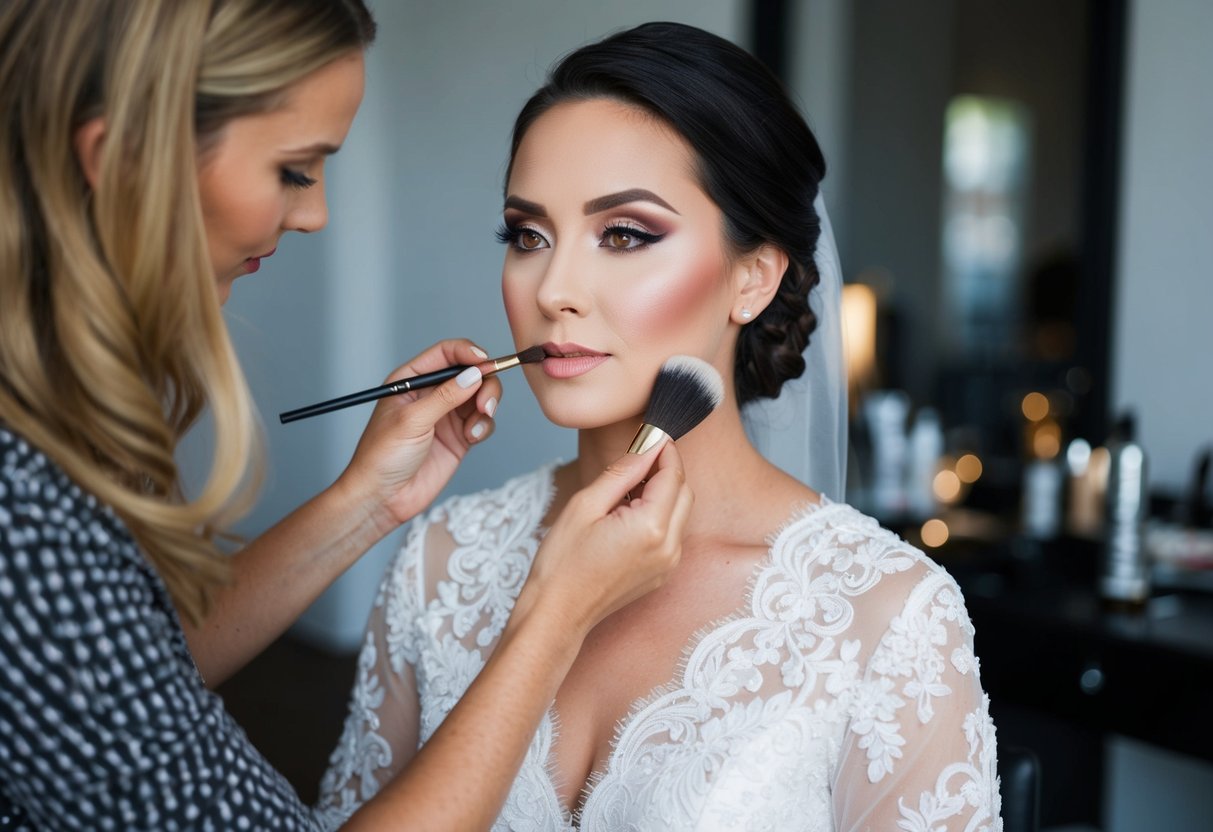A makeup artist applies bridal makeup with soft, romantic colors, while professional makeup features bold, dramatic tones and precise application techniques