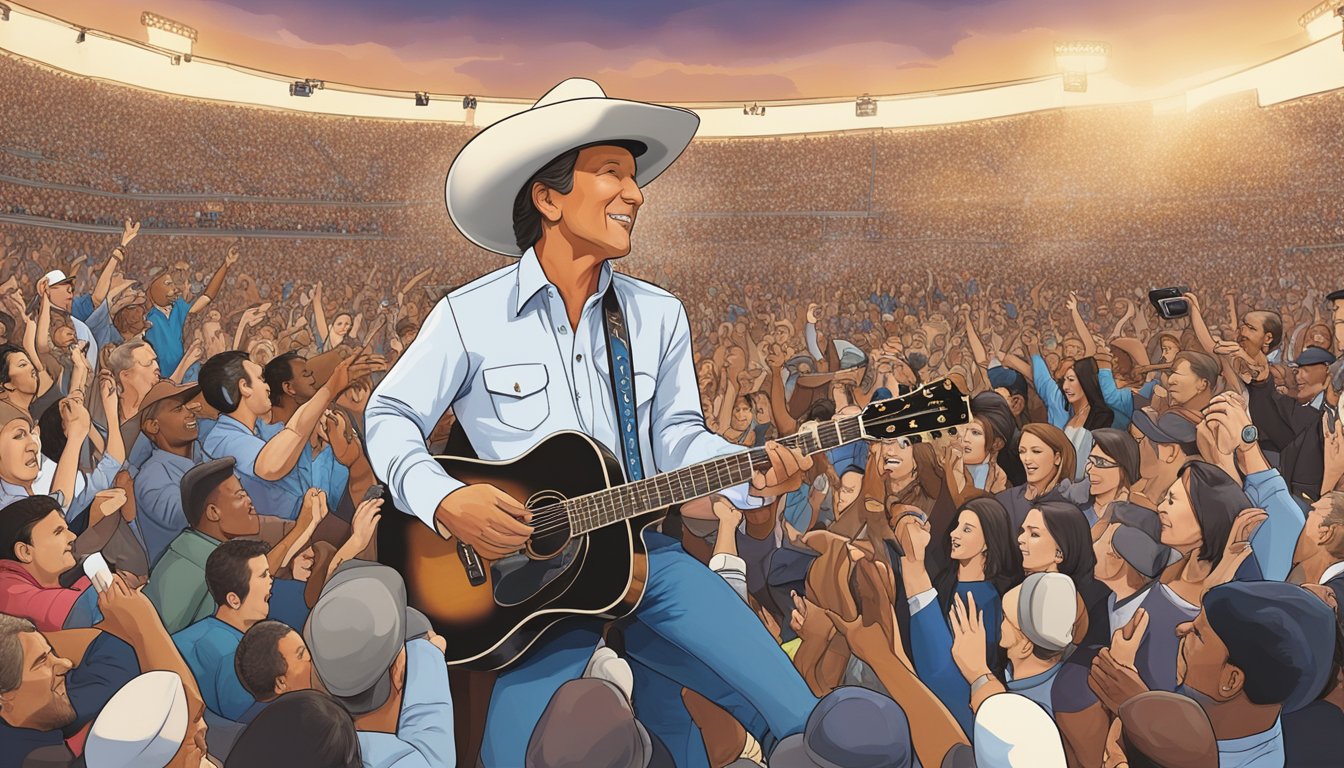 George Strait performing on stage with a crowd of fans cheering and the music industry professionals watching from the sidelines