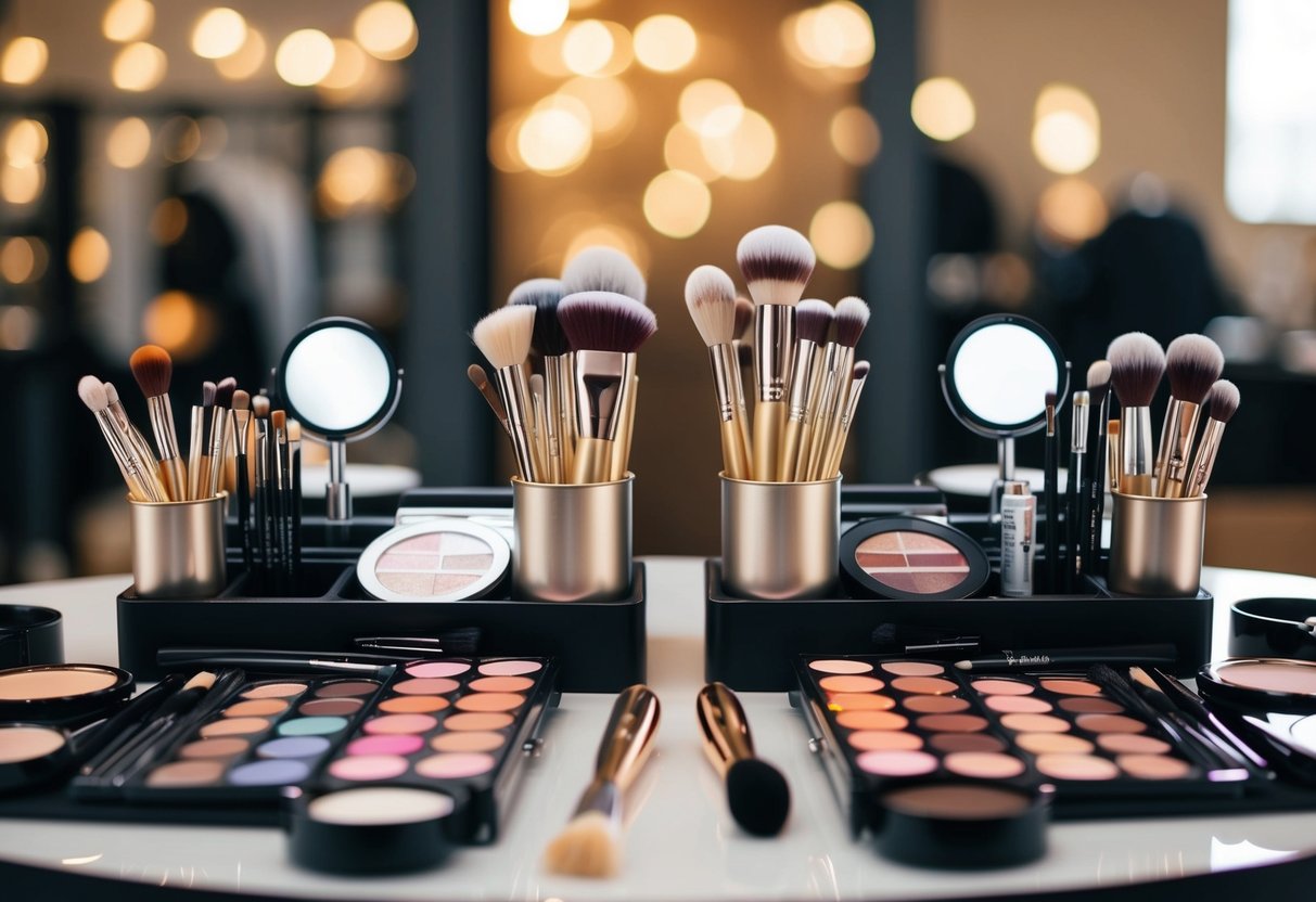 A makeup artist's station with two separate sets of brushes, palettes, and tools for bridal and regular makeup