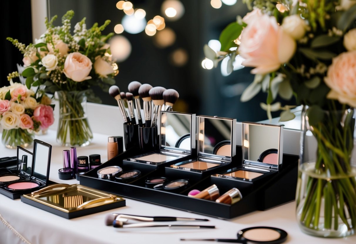 A bride's makeup station with airbrush and traditional makeup options displayed, surrounded by flowers and bridal accessories