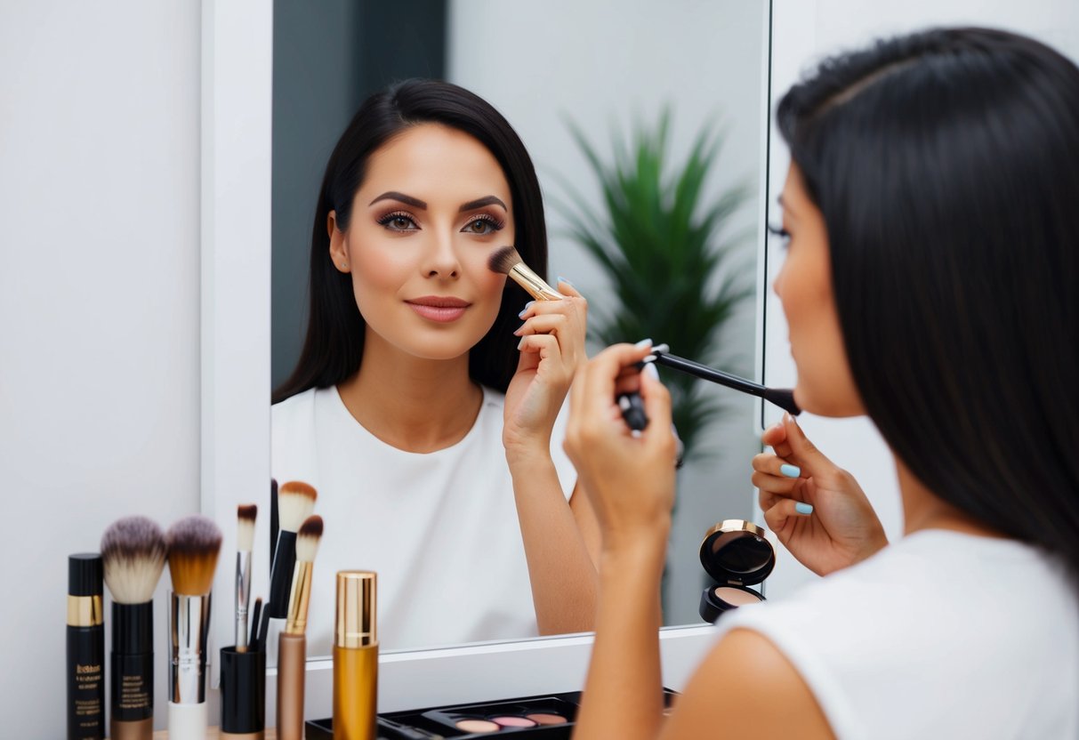 A woman applies makeup in front of a mirror, carefully selecting and blending different products