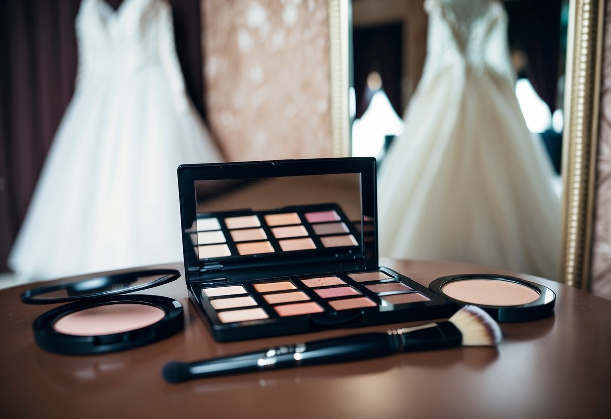 A makeup palette and brush laid out on a table, with a mirror and a wedding dress in the background