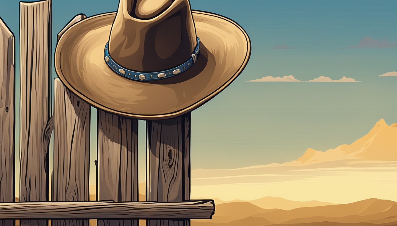 A cowboy hat on a wooden fence post with a guitar leaning against it