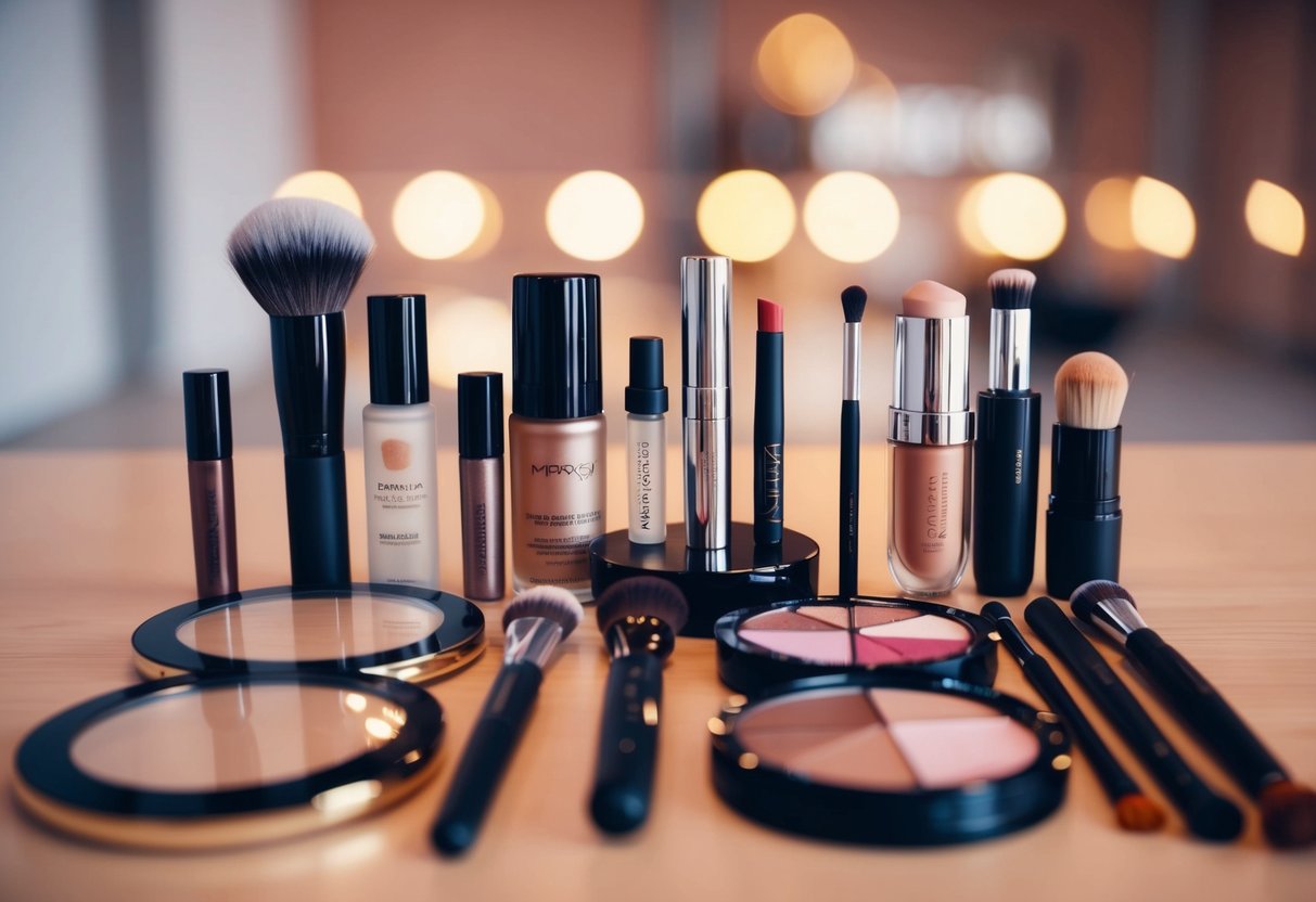 A table with various makeup products and tools arranged neatly