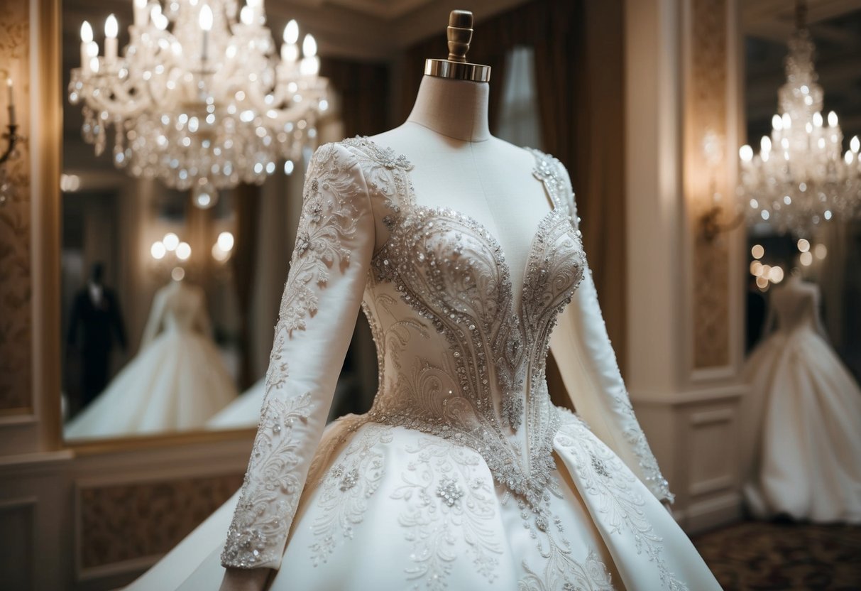 A grand, opulent wedding dress displayed on a mannequin, adorned with intricate lace and sparkling embellishments