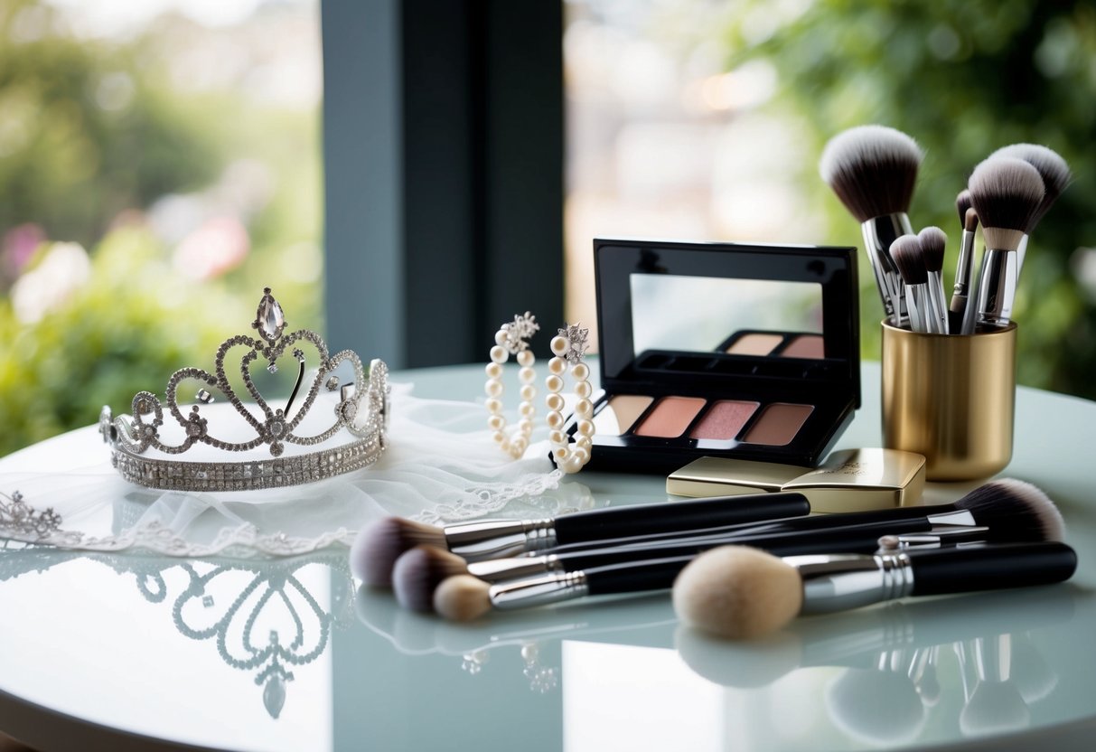A table displays a tiara, pearl earrings, and a lace veil next to a collection of makeup and brushes