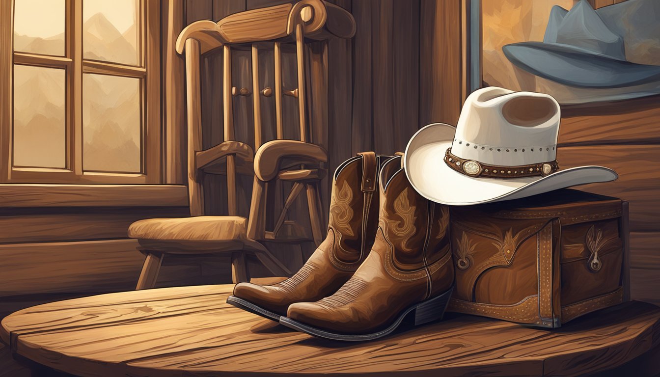 A cowboy hat rests on a wooden table next to a pair of cowboy boots, a guitar leaning against the chair