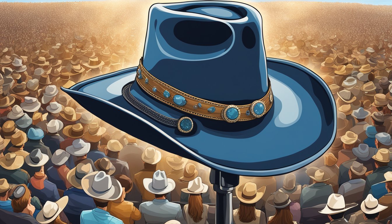 A cowboy hat rests atop a microphone stand, surrounded by a sea of cheering fans and waving cowboy boots