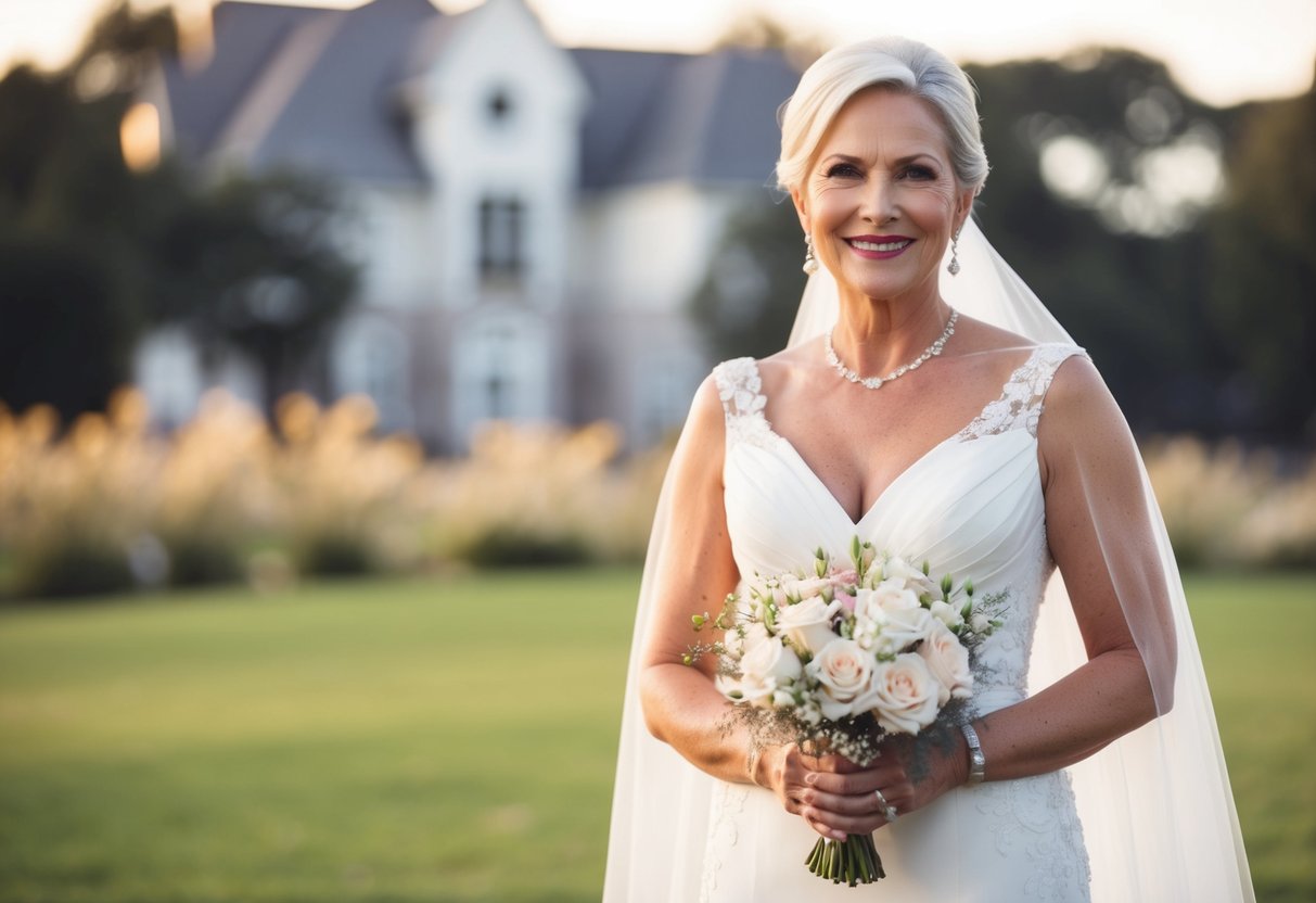 A mother of the bride standing confidently with a warm smile, wearing an elegant gown and holding a delicate bouquet of flowers. She exudes grace and sophistication