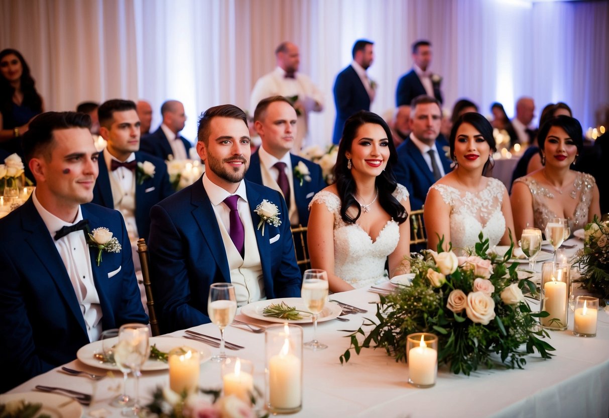 A wedding reception with guests dressed formally, some wearing makeup and others not. Tables are adorned with flowers and candles, and the bride and groom are seated at the head table