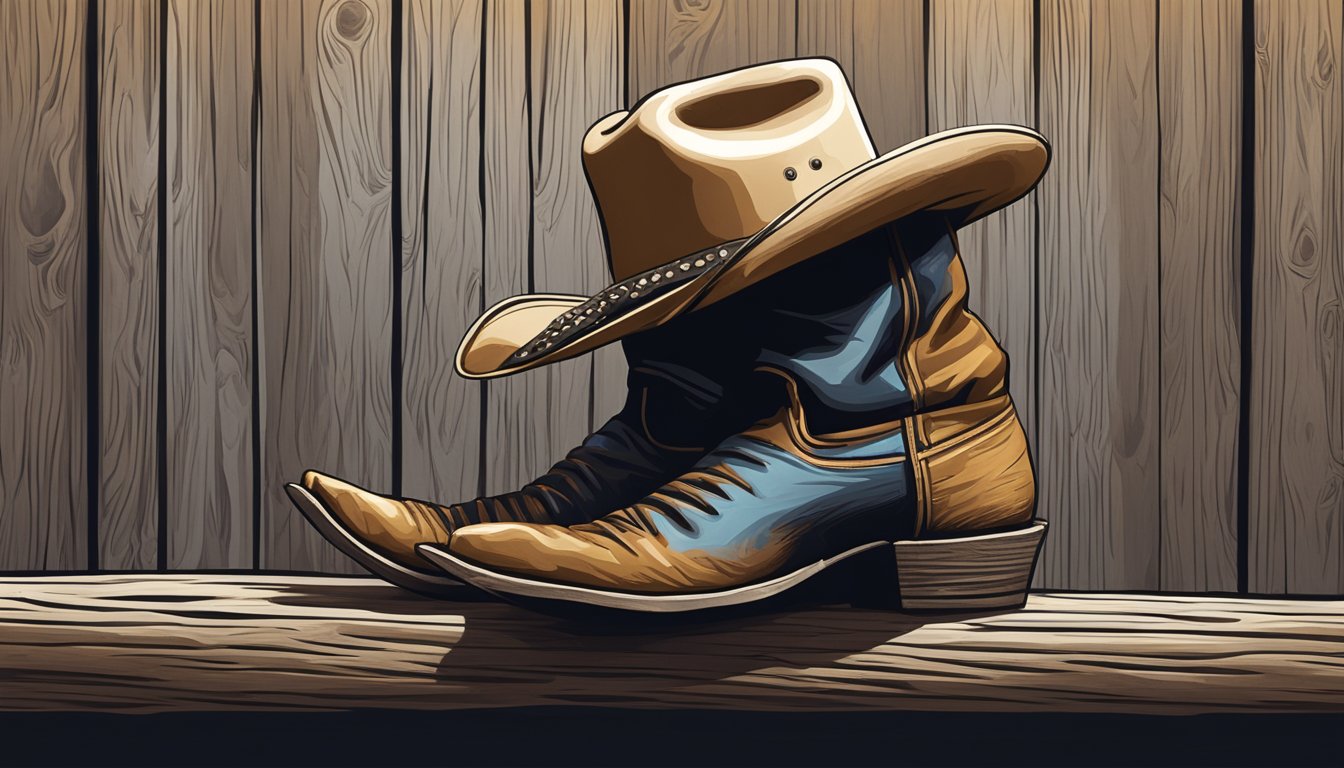 A cowboy hat resting on a weathered wooden fence post, with a pair of well-worn cowboy boots standing nearby