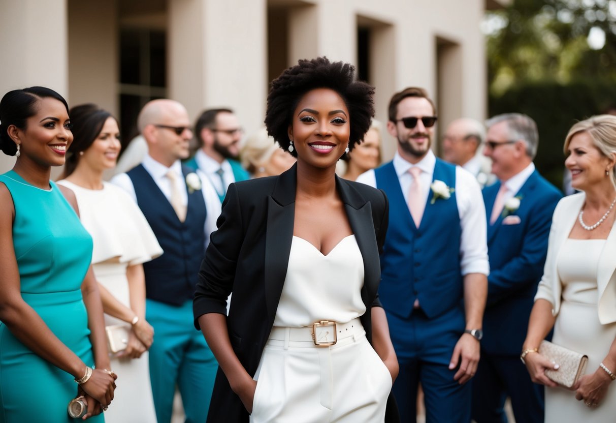 A woman in a stylish outfit, with natural hair and a confident smile, stands among a group of well-dressed wedding guests, looking comfortable and at ease