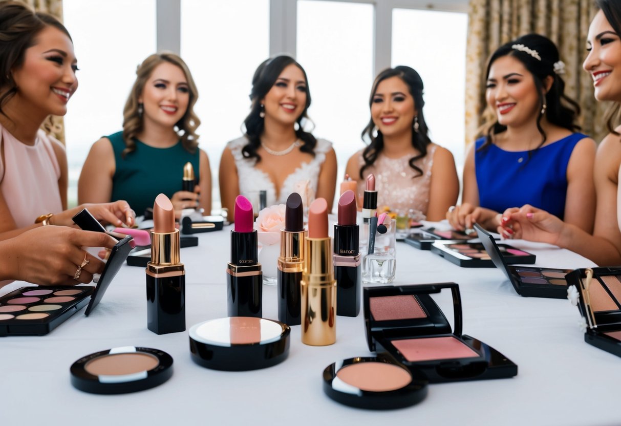 A group of wedding guests with various makeup options laid out on a table, including lipstick, eyeshadow, and blush