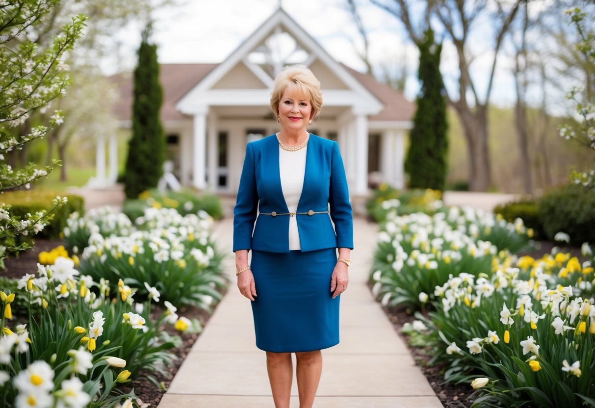 A mother of the bride standing outside a picturesque venue in the spring, surrounded by blooming flowers and lush greenery