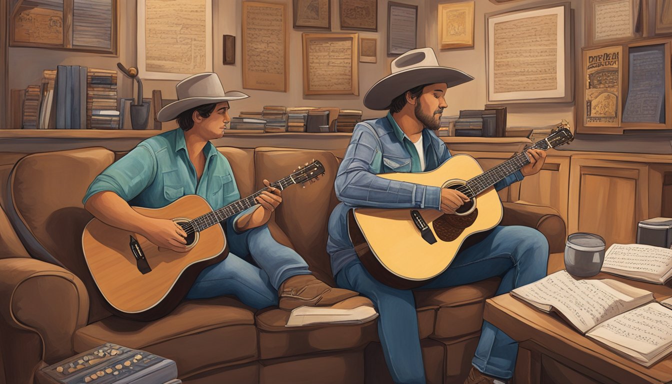 Two musicians sit in a cozy studio, guitars in hand, surrounded by lyrics and notes. A warm, collaborative atmosphere fills the room as they work on George Strait's best songs