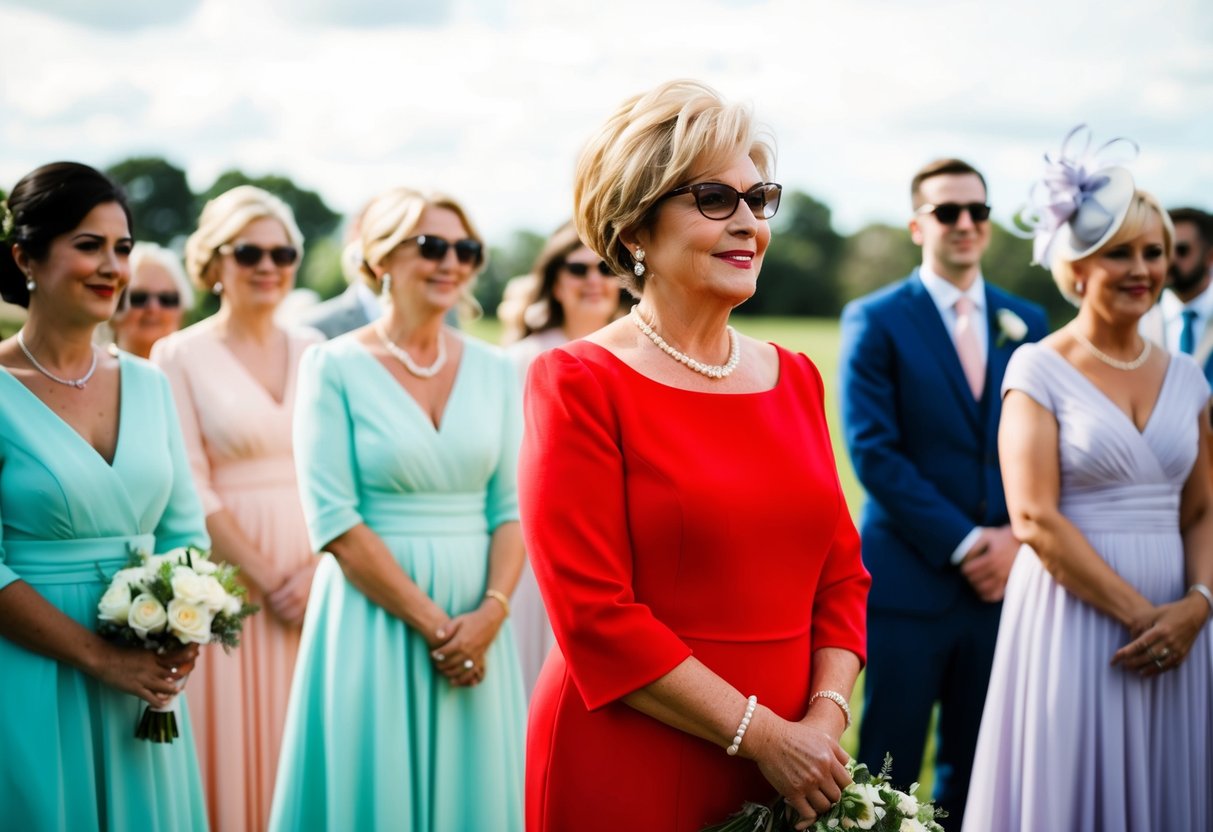 A wedding scene with a mother of the bride wearing a vibrant red dress, standing out among the pastel tones of the other guests' attire
