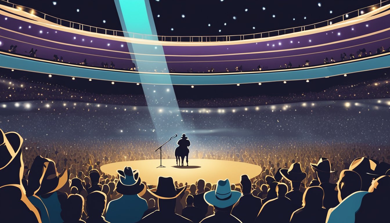 A lone microphone stands on a grand stage under a spotlight, surrounded by a sea of cheering fans waving cowboy hats