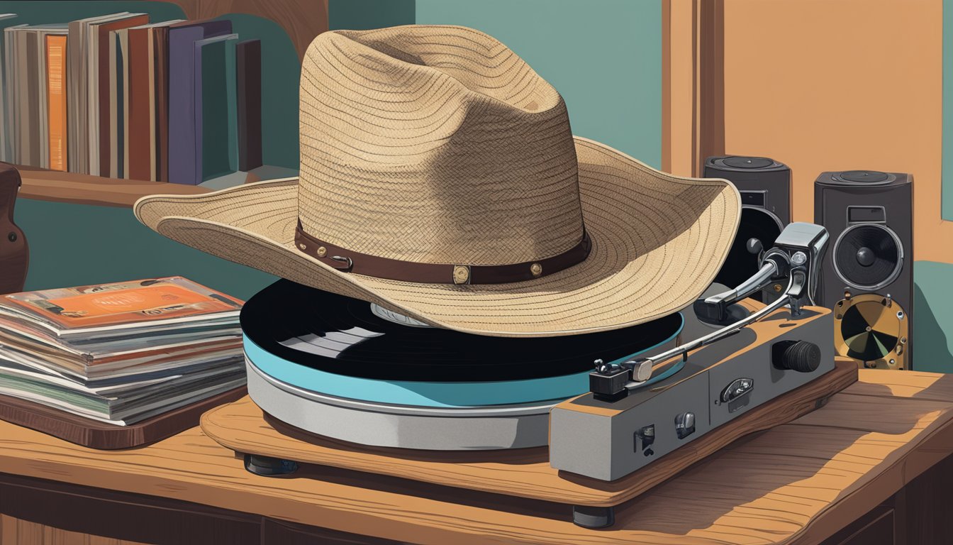 A cowboy hat rests on a vintage record player, surrounded by George Strait album covers from the late 1990s