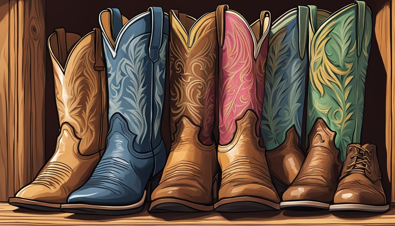 A pair of George Strait boots displayed on a wooden shelf with a collection of other western-style footwear