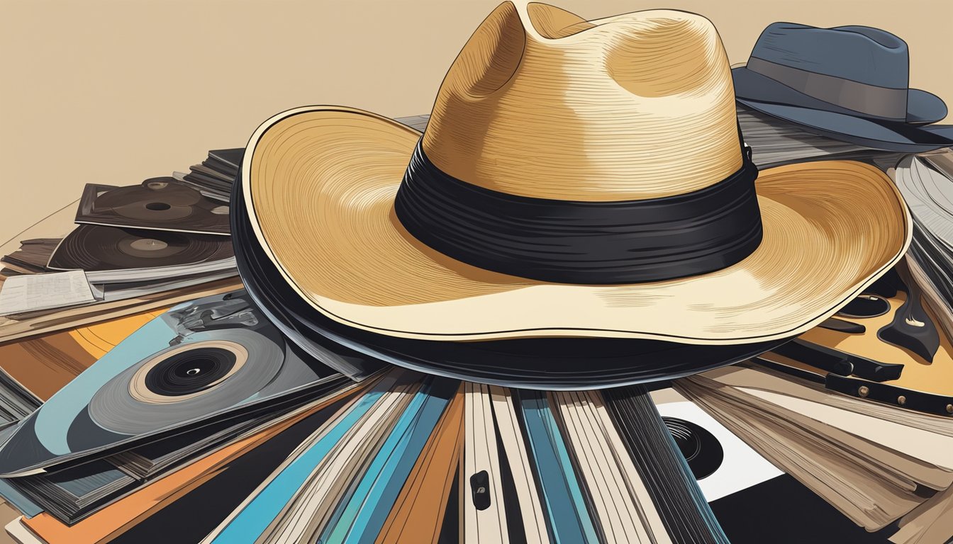 A cowboy hat resting on a guitar, surrounded by a collection of vinyl records