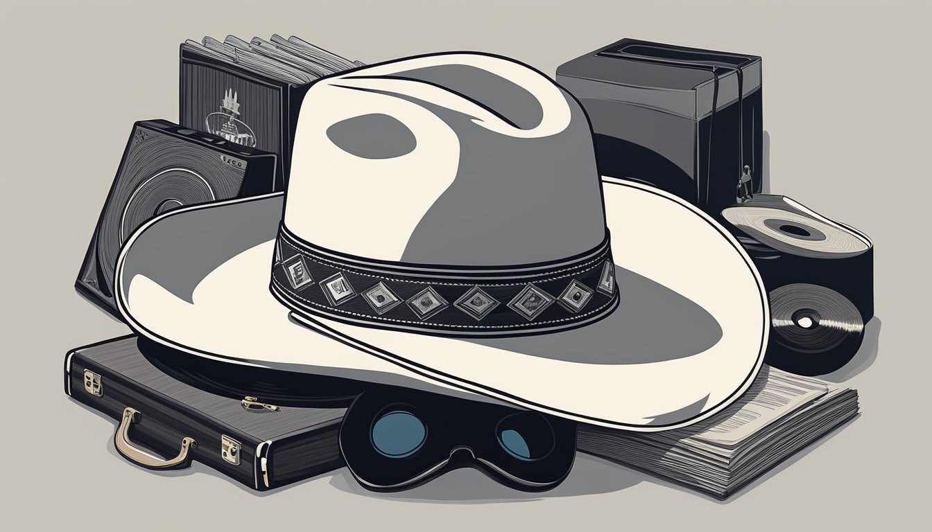 A cowboy hat resting on a guitar case, surrounded by vinyl records of George Strait's iconic albums