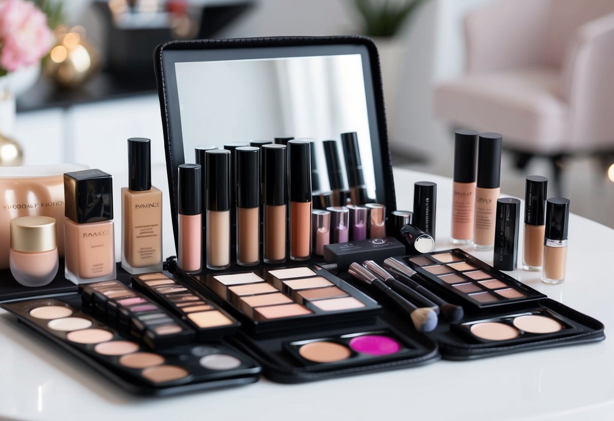 A makeup artist's kit open on a table, filled with various shades of foundation, eyeshadow palettes, and lipstick tubes