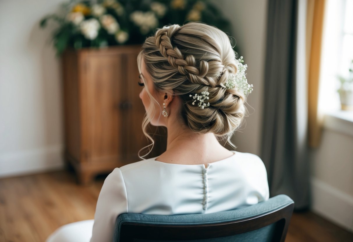 A bride sits in a chair, her hair styled in an elegant updo with intricate braids and delicate flowers woven throughout