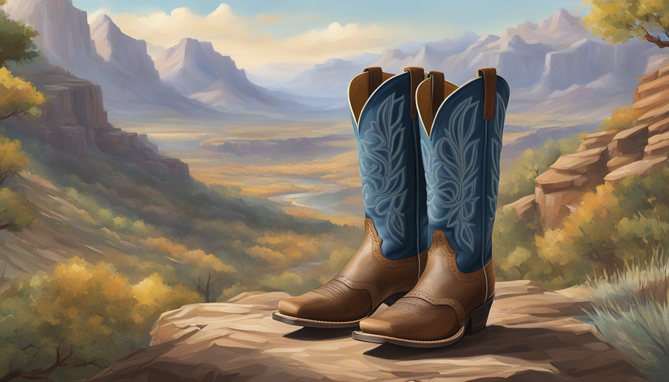 A pair of George Strait boots with innovative comfort technology, surrounded by rugged terrain and cowboy gear