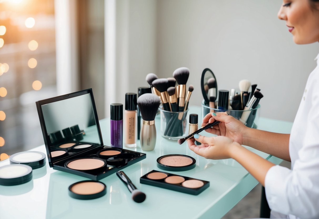 A wedding makeup artist selects and arranges various makeup products on a clean and organized table