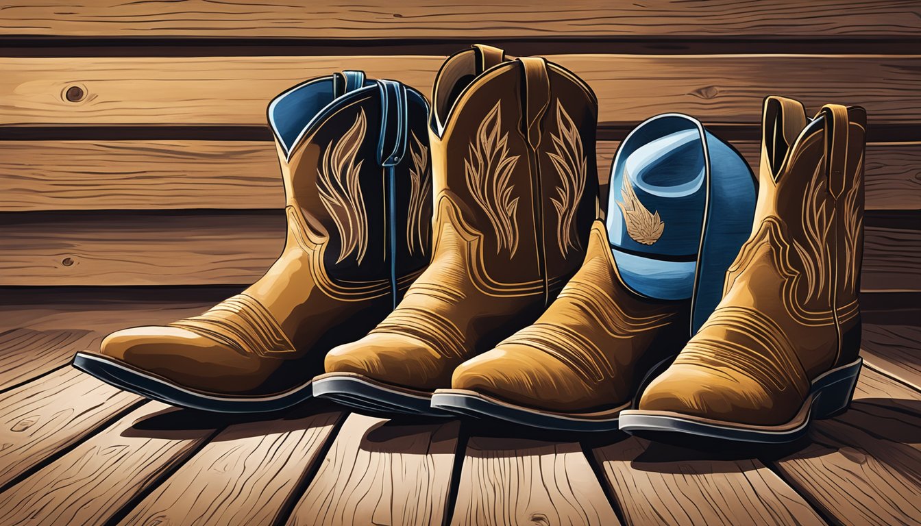 A pair of George Strait boots resting on a rustic wooden floor, surrounded by cowboy hats and a guitar