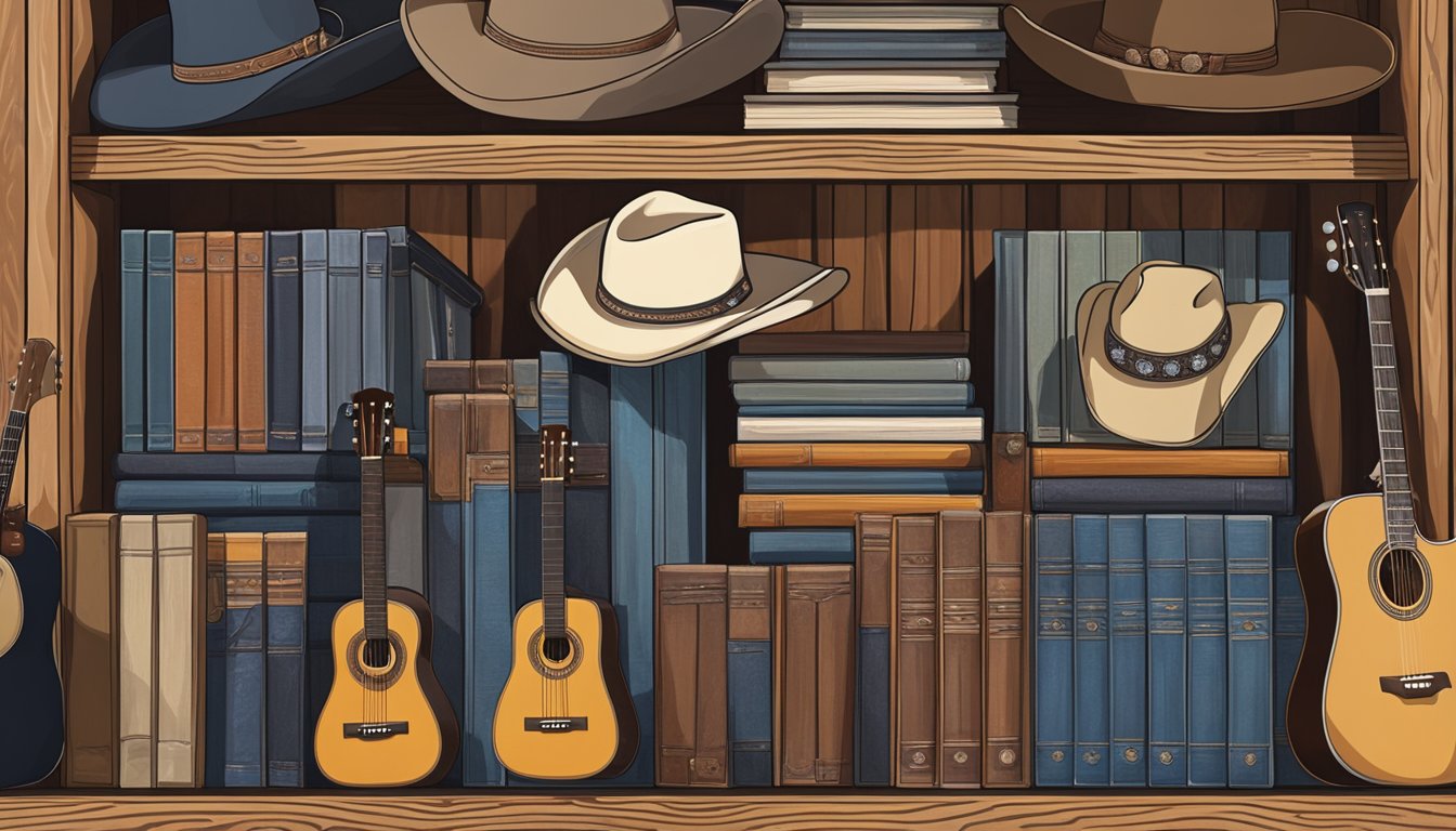 A collection of George Strait albums stacked on a wooden shelf, surrounded by cowboy hats and guitars