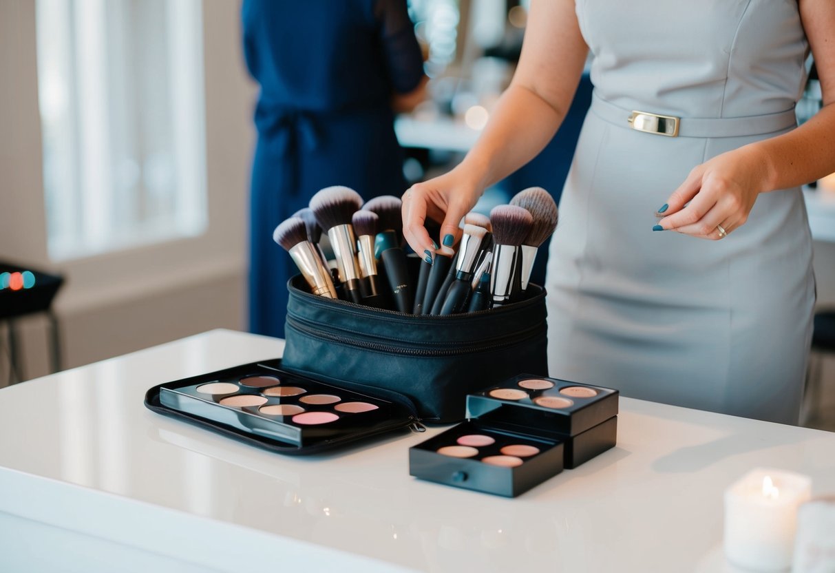 A wedding makeup artist arranges their professional makeup kit on a clean, well-lit table