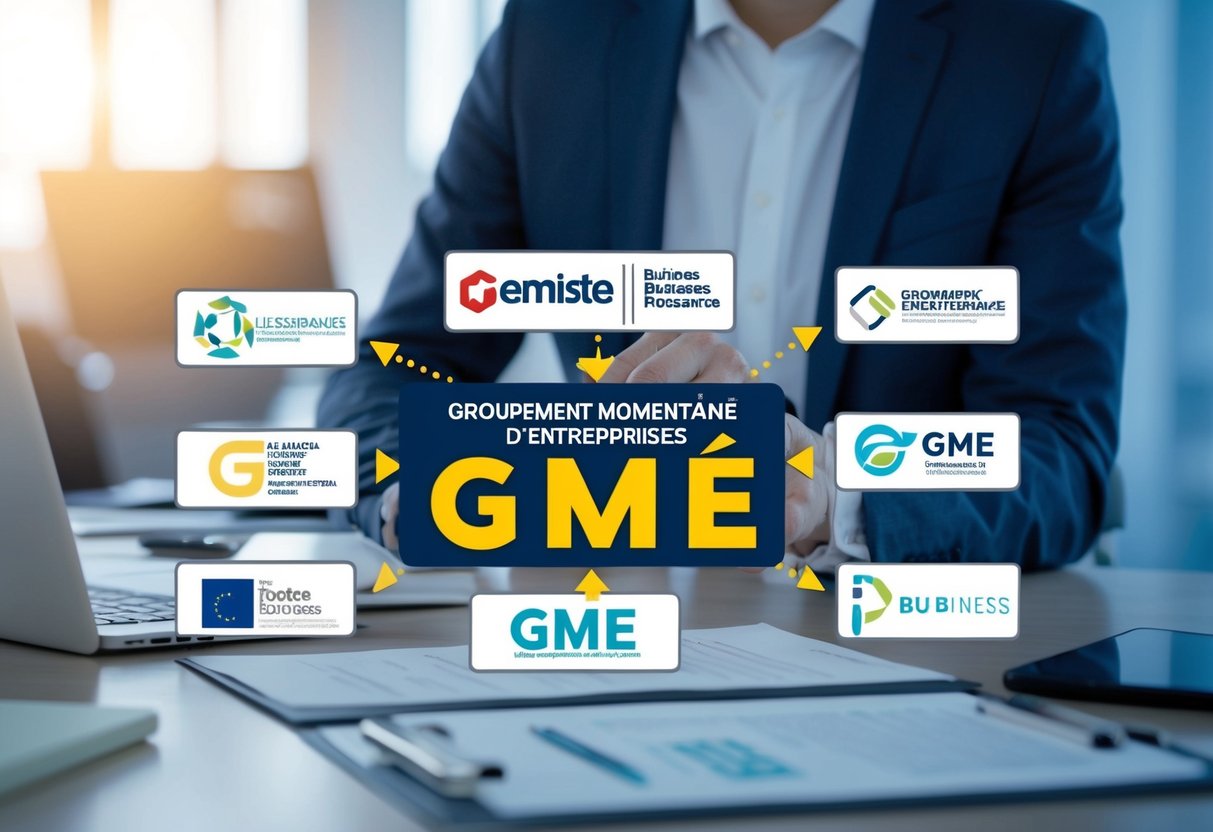 Un groupe d'entreprises travaillant ensemble de manière collaborative, représenté par leurs logos et documents juridiques, formant un cadre légal pour le Groupement Momentané d'Entreprises (GME)