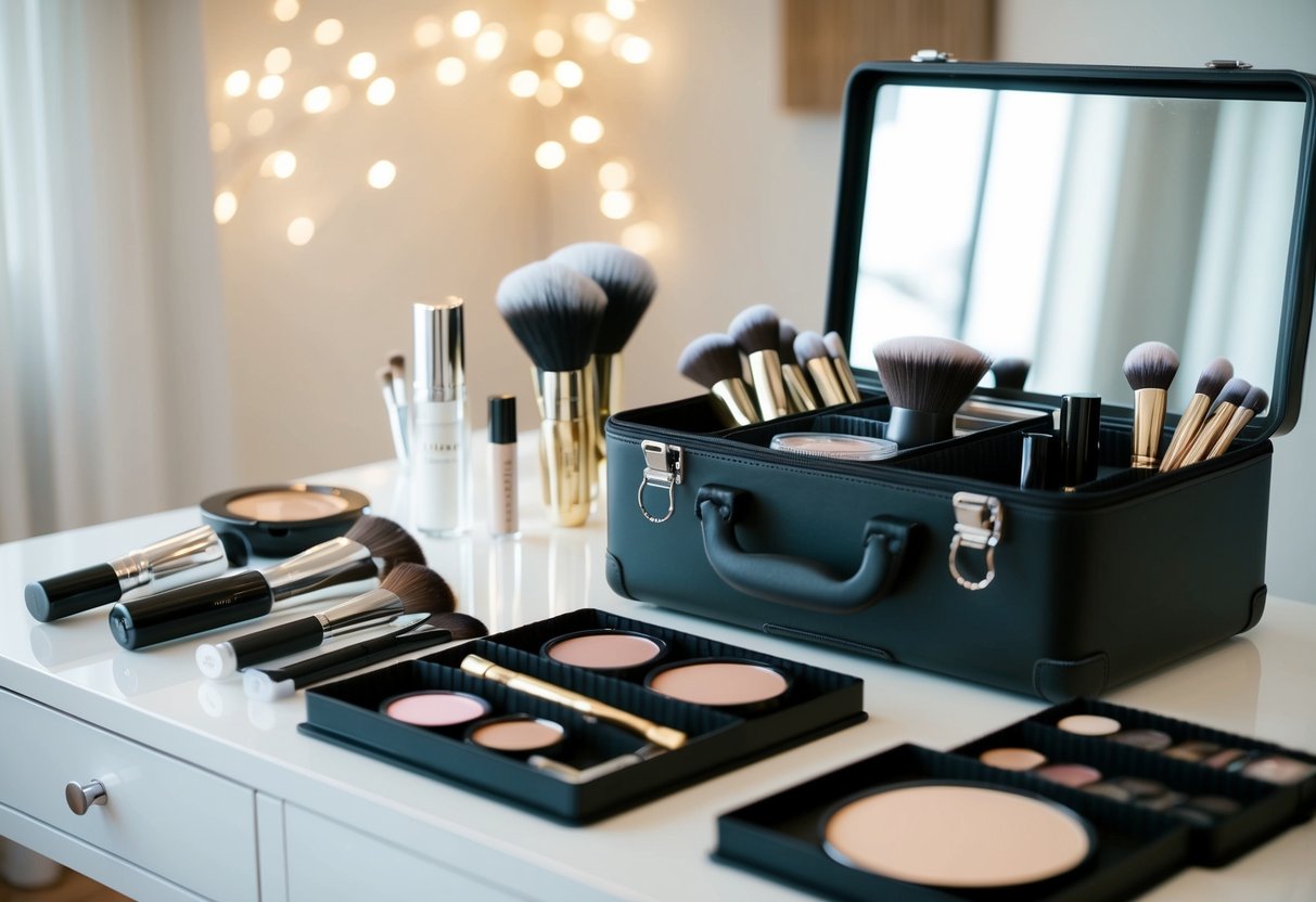 A wedding makeup artist's kit open on a clean, organized table with various makeup products and tools neatly arranged