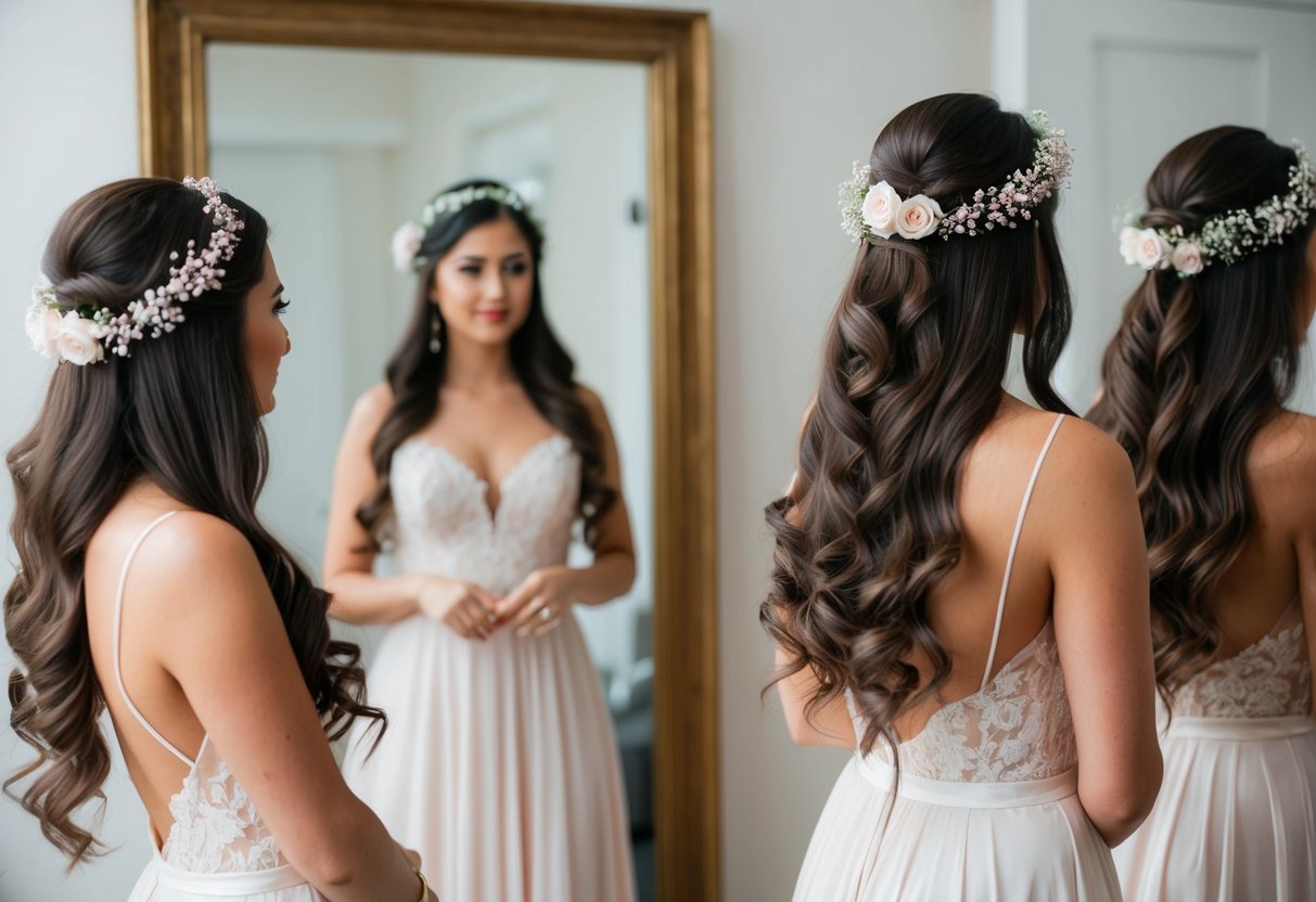 A woman with long, flowing hair adorned with delicate flowers, standing in front of a mirror, trying on different hairstyles for a wedding
