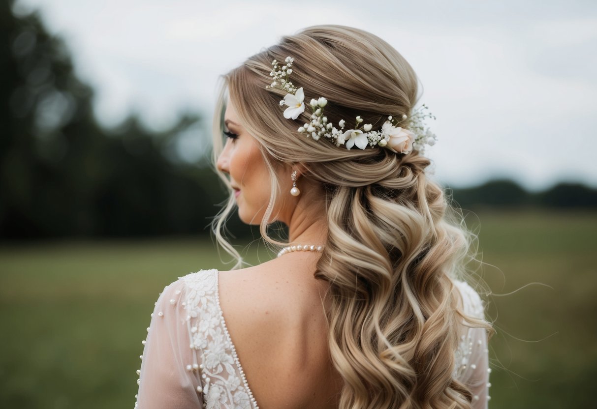A bride with long, flowing hair styled in a romantic, loose updo adorned with delicate flowers and pearls
