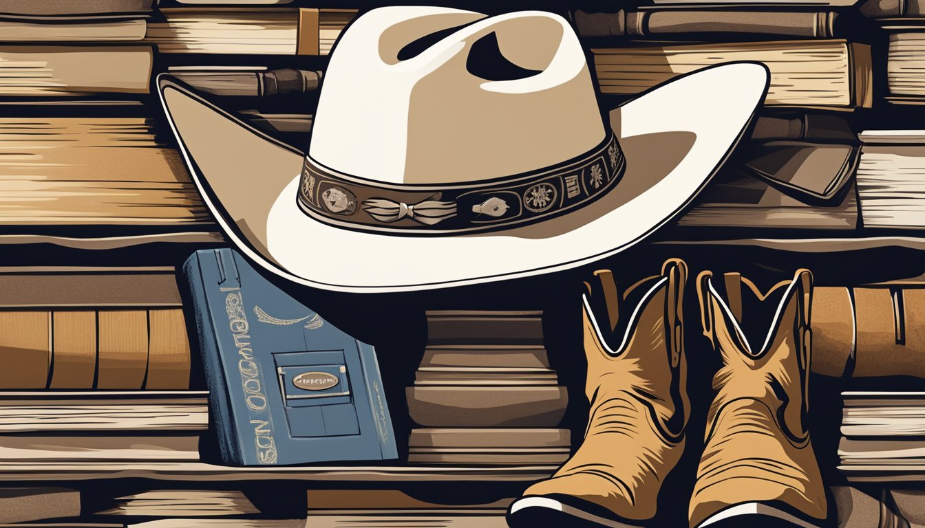 A cowboy hat resting on top of a stack of George Strait albums, surrounded by cowboy boots and a guitar