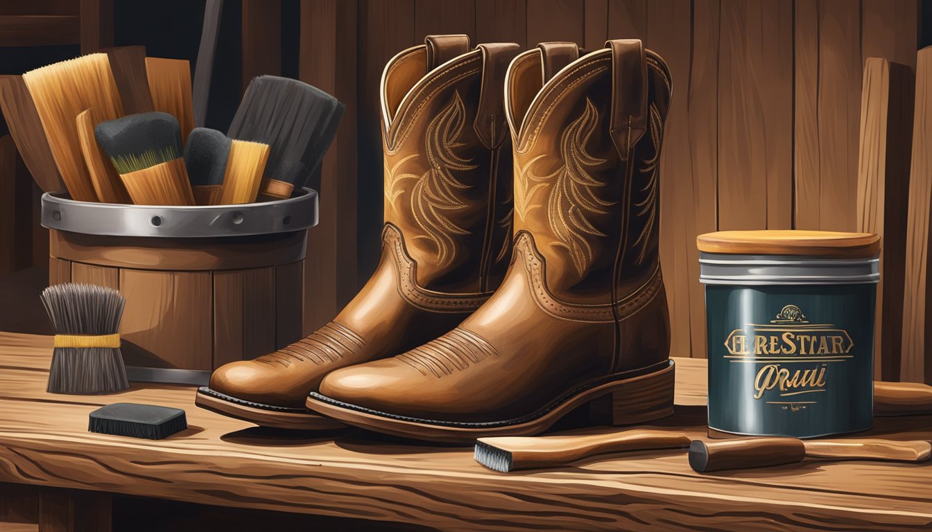 A pair of George Strait boots being carefully cleaned and conditioned with leather care products on a rustic wooden workbench