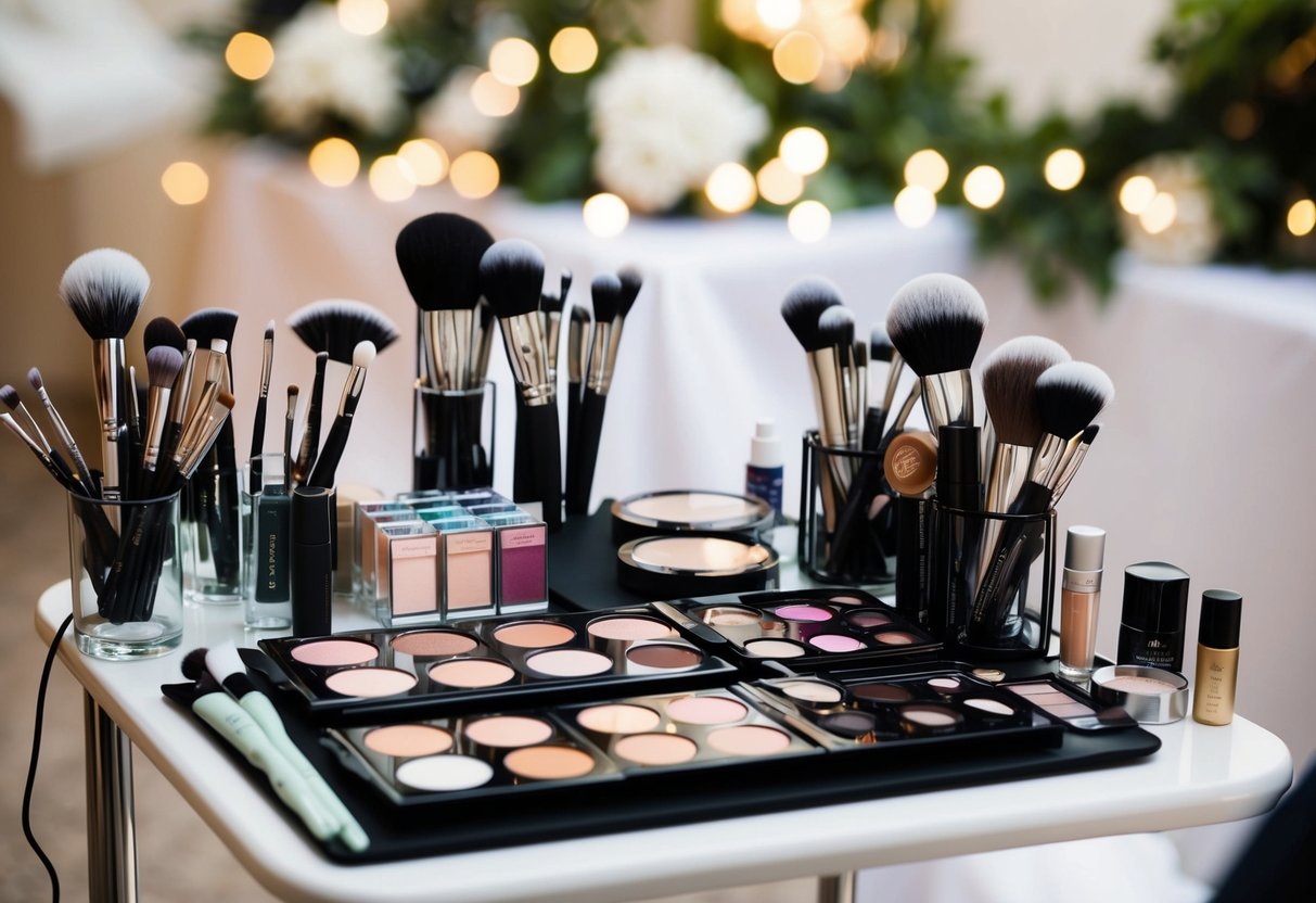 A makeup artist's table with various brushes, palettes, and products neatly arranged, ready for use on a bride's wedding day