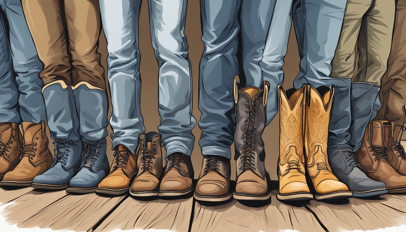 A pair of George Strait boots surrounded by a diverse group of people offering support and encouragement