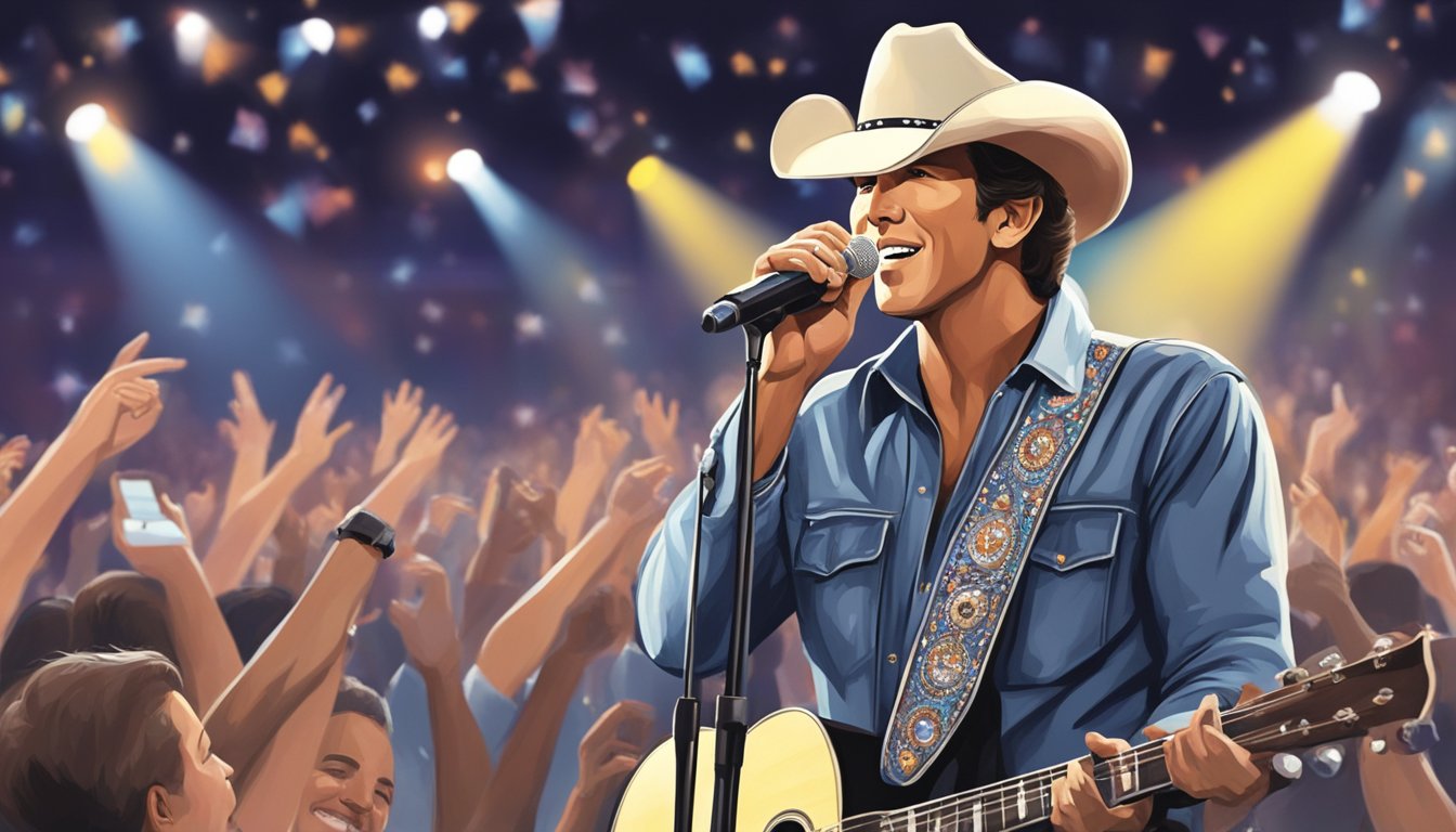 A young George Strait performs on a small stage, surrounded by cheering fans and bright stage lights