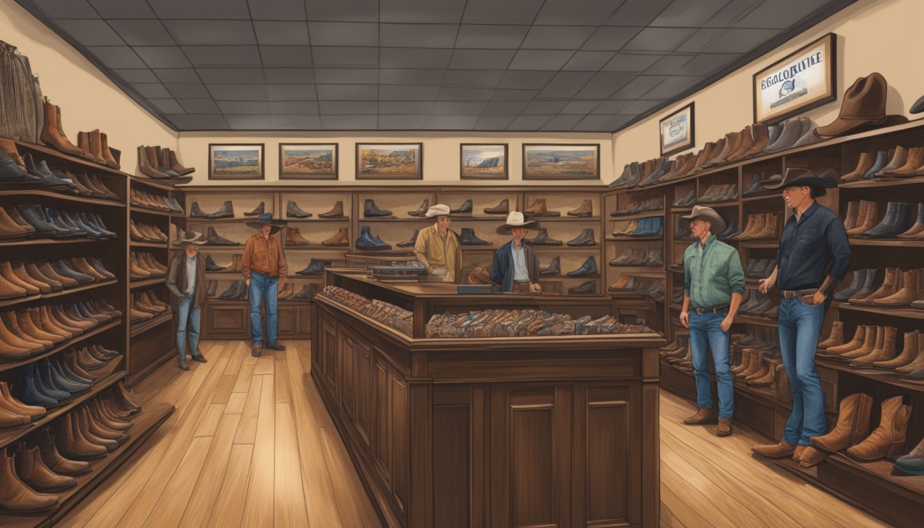 A cowboy boot store with rows of George Strait branded boots on display, customers trying on various styles, and a knowledgeable salesperson assisting