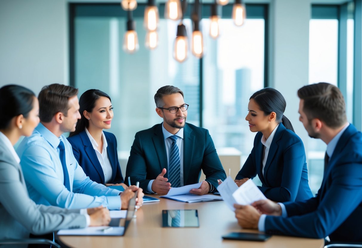 Un groupe de professionnels d'affaires discutant des aspects financiers et fiscaux d'un GME dans une salle de réunion d'entreprise.