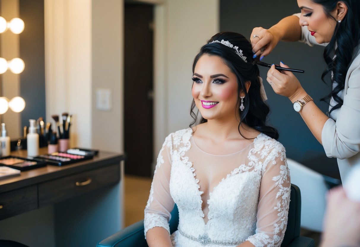 A bride sitting in a chair while a makeup artist applies makeup, and a hairstylist works on her hair