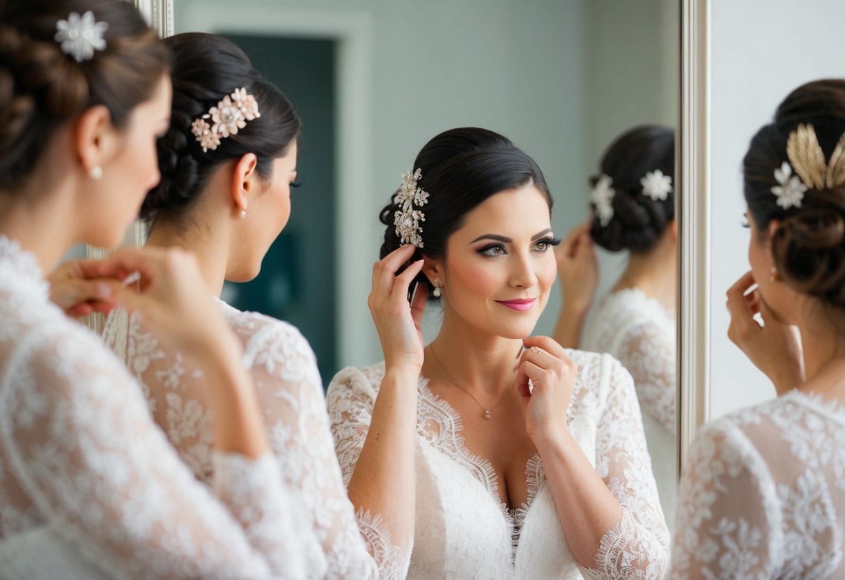 A bride-to-be trying on a variety of hair pieces in front of a mirror, contemplating her wedding day look