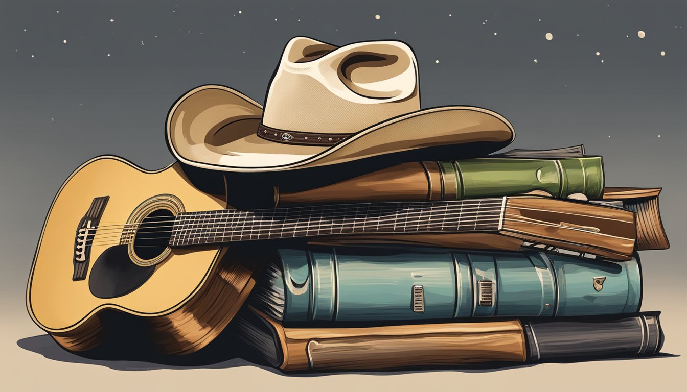 A cowboy hat resting on a weathered guitar, surrounded by a collection of vinyl records