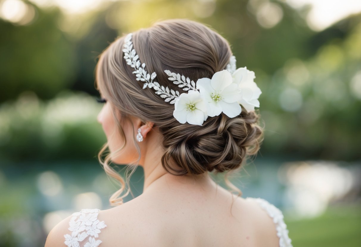 A bride's hair adorned with delicate white flowers and sparkling hairpins