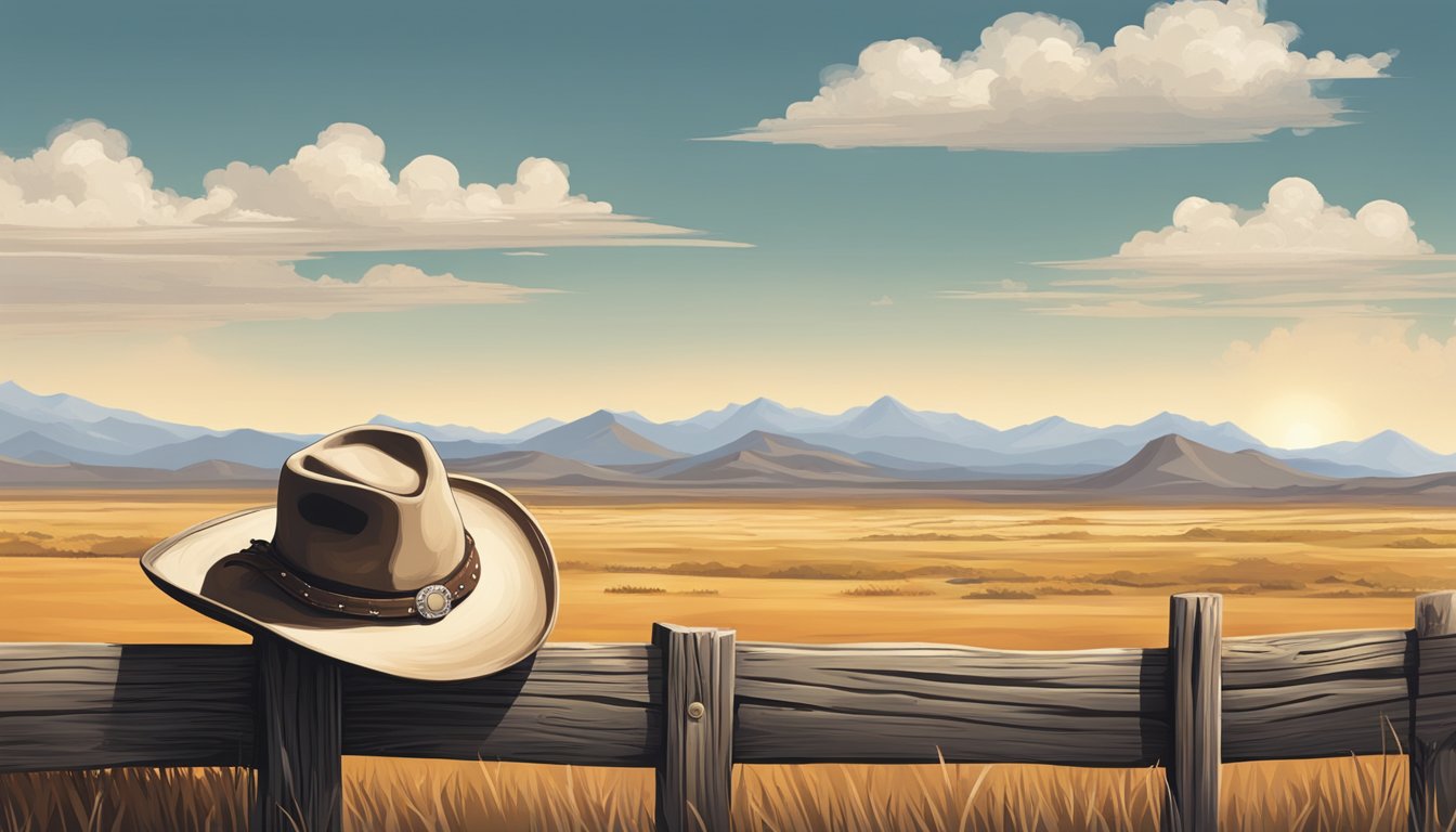 A lone cowboy hat sits atop a weathered wooden fence, with a vast open range stretching out in the background