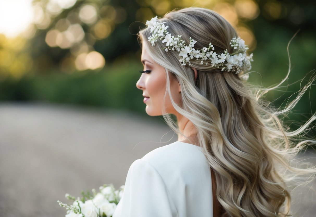 A bride with long, flowing hair adorned with delicate, white flowers